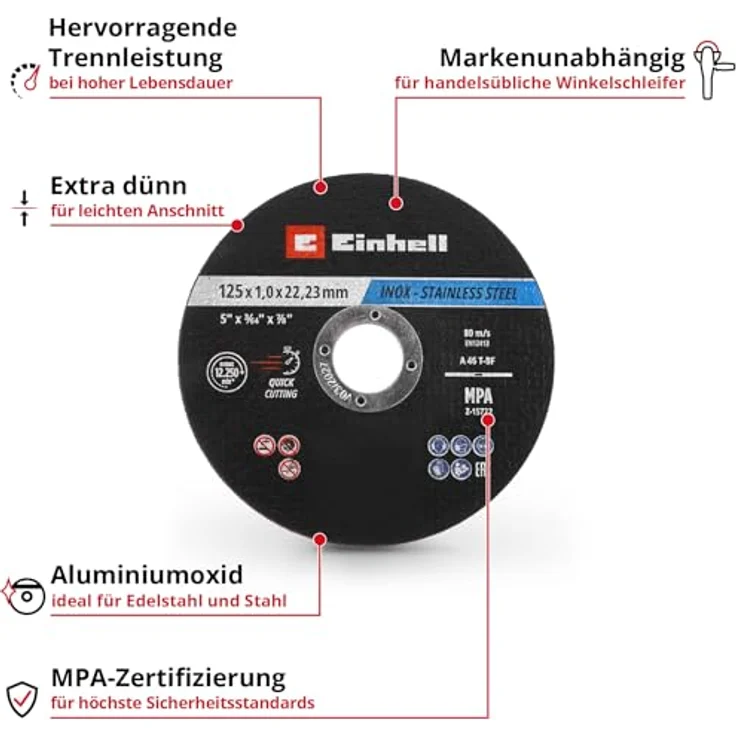 Einhell Trennscheiben Metall, 50-tlg., Ø 125 mm, MPA-zertifiziert, schnelles Trennen für Edelstahl und Stahl, in Dose – Bild 2