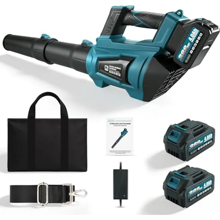 Bundviel Hochleistungs Akku-Laubbläser 21V, Bürstenloser Motor mit 5 Geschwindigkeitsstufen + Turbo, max. 90 m/s, 1500 g Blaskraft, 2 × 4Ah Akku, kabellos, leicht und mobil