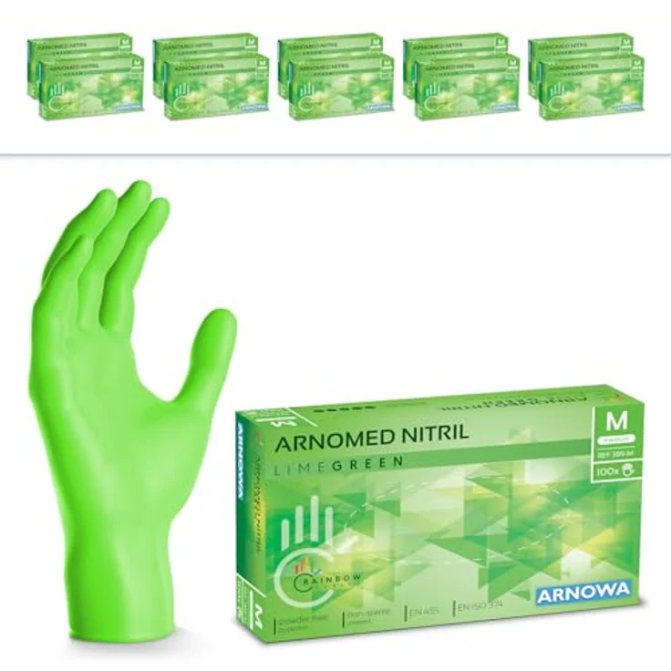 ARNOMED Einweghandschuhe M, Nitril Handschuhe in Limettengrün, 1000 Stück, puderfrei, latexfrei, lebensmittelecht, EN 455 & EN 374 zertifiziert – Bild 1