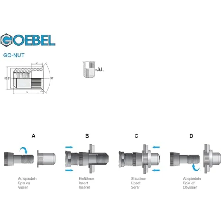 GOEBEL® - Blindnietmuttern M5 Aluminium, 250 Stück, Ø 6,9 mm x L 11,5 mm, kleiner Senkkopf, Rundschaft, offen, gerändelt – Bild 2