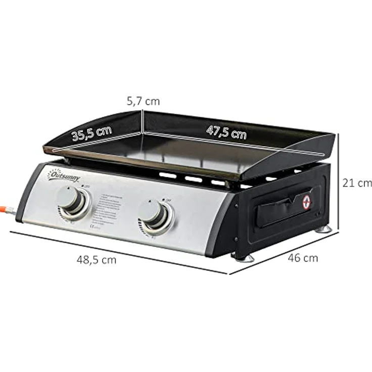 Outsunny Tischgrill Gasgrill BBQ mit 2 Brennern, Tischgasgrill mit Schlauch, Antihaft-Grillplatte, Campinggrill für Picknick, Garten, Edelstahl+Metall, Silber, 48,5 x 46 x 21 cm – Bild 3