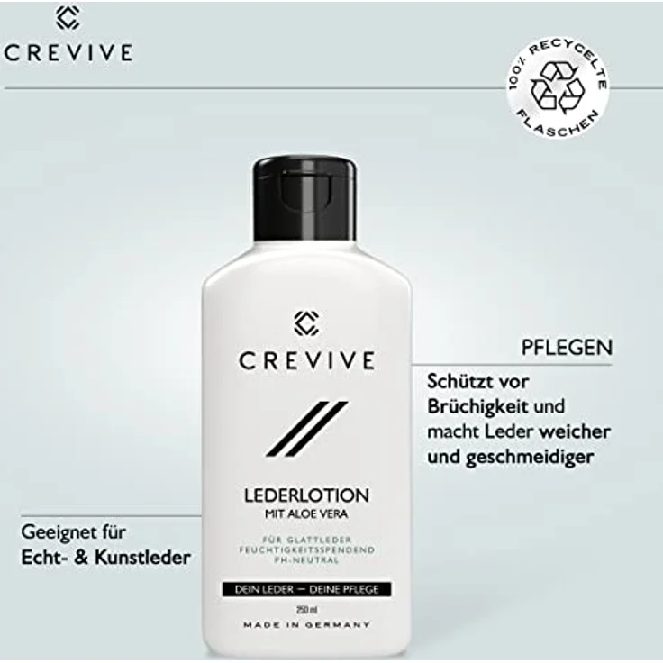 CREVIVE Lederpflege mit Aloe Vera schonende Lederlotion Made in Germany - Lederpflege Sofa - Lederpflege für Ledercouch - Lederpflege Auto - Ledersofa, Jacke, Schuhe, Tasche - 250 ml – Bild 2