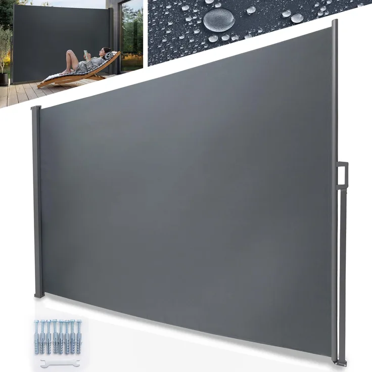 ONBEST Seitenmarkise 160 x 300 cm, ausziehbar mit Schrauben und Dübel, Wasserabweisend & UV-Beständig, in Grau