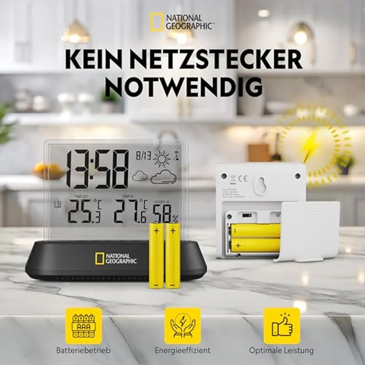 National Geographic Wetterstation, Funkwetterstation mit transparentem Display und Schlummerfunktion, Schwarz – Bild 7