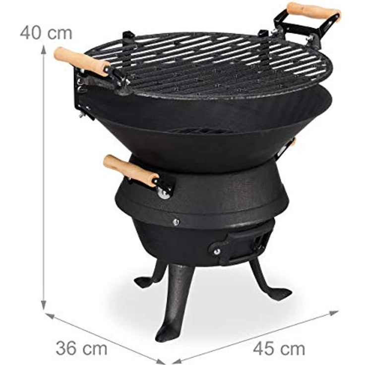 Relaxdays Holzkohlegrillfass Gusseisen, höhenverstellbarer Holzkohlegrillrost, Belüftung, Fassgrill für Holzkohle, HBT 40x45x36cm, schwarz, Grillfläche 35 cm – Bild 5