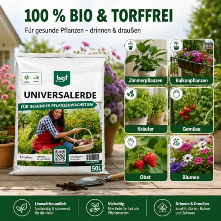 Best for Home Bio-Erde Blumenerde, 100% torffrei für Zimmer- & Balkonpflanzen, 20L und 50L Beutelgröße – Bild 3