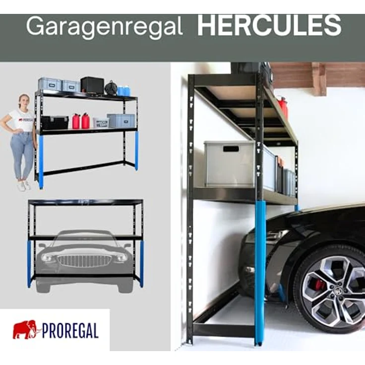 Proregal Schwerlastregal HERCULES, Garagenregal mit 2 Lagerebenen, Traglast pro Boden 300 kg, Stecksystem, Schwarz, 180 x 240 x 50 cm – Bild 5