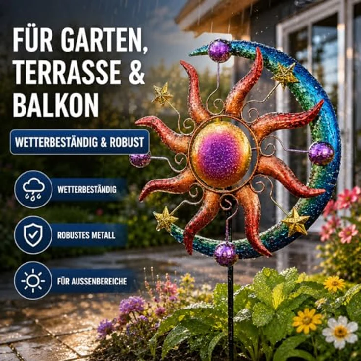 Buntes Windrad Sonne Mond und Sterne für den Garten aus Metall Windspiel Windmühle 124 cm – Bild 5