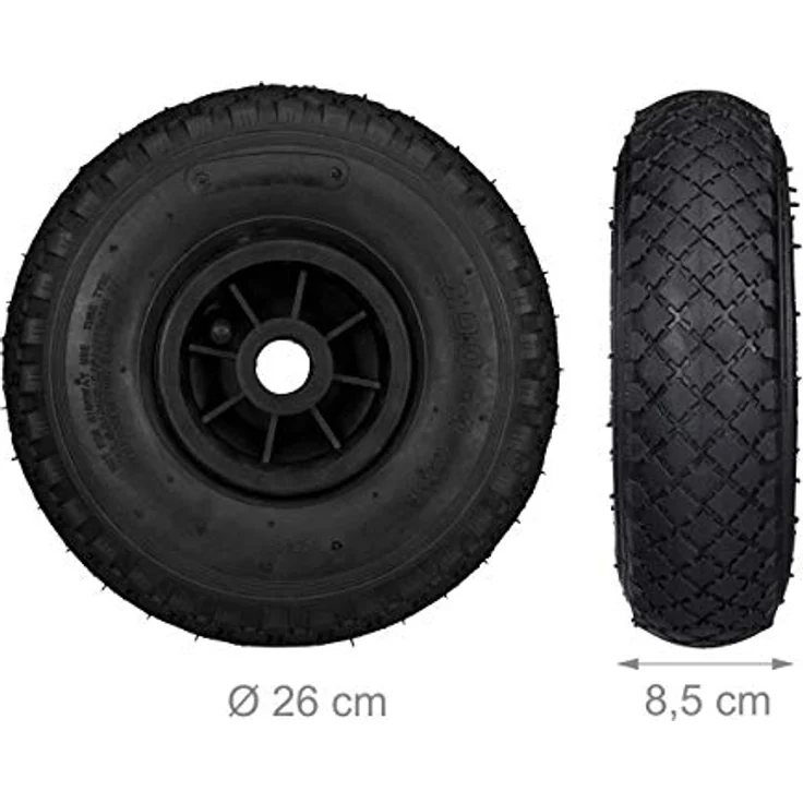 Relaxdays 2er Set Sackkarrenrad, 3.00-4, luftbereift, Ersatzrad mit Kunststofffelge, 260x85mm, Ø Achse 25mm, schwarz, 70% Gummi, 2 Stück – Bild 4