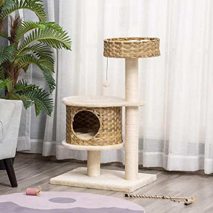PawHut Kratzbaum Rattan Katzenbaum Kletterbaum mit Katzenhöhle Sisalstämmen Spielbälle Katzenmöbel Höhe 95 cm Sisal Natur+Beige – Bild 2