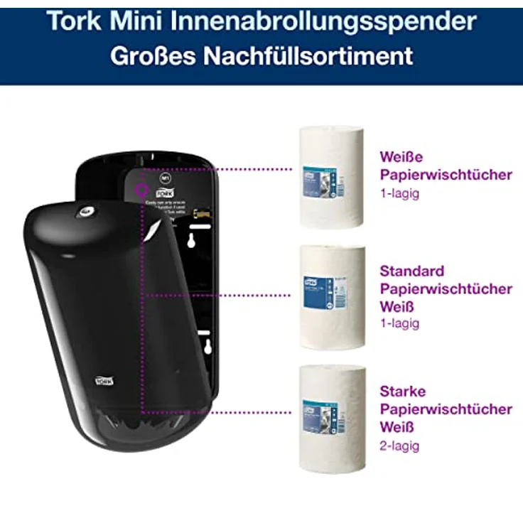 Tork 558008 Mini Innenabrollungsspender für M1 Papierwischtücher, hygienische Einzeltuchentnahme, Schwarz, kompaktes Design mit Sichtfenster – Bild 3