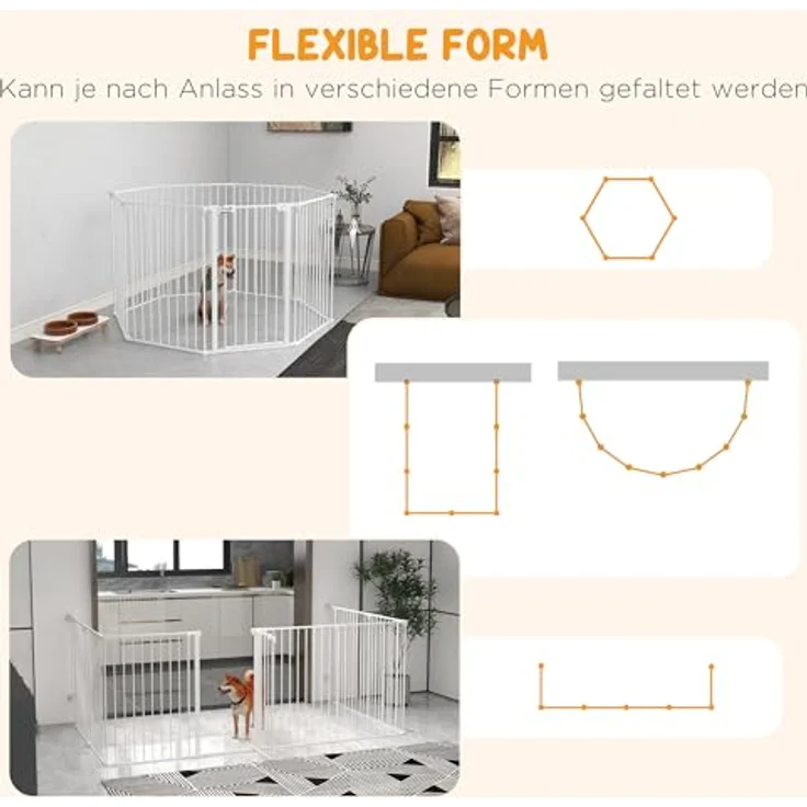 PawHut Welpenauslauf klappbar Absperrgitter Hunde, 90 cm Hoch, Freilaufgehege mit 8 Platten, Freistehendes Hundegitter mit Tür, Flexible Kaminschutzgitter für Hunde, Stahl, Weiß – Bild 3