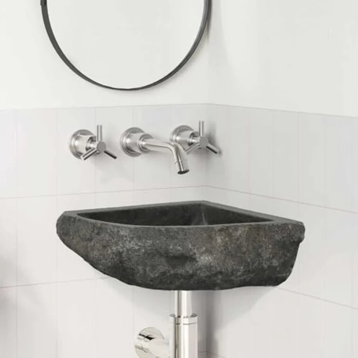 vidaXL Waschbecken Wandhängende Ecke Waschschüssel aus Flussstein, Grau, 37 x 37 x 12 cm – Bild 2