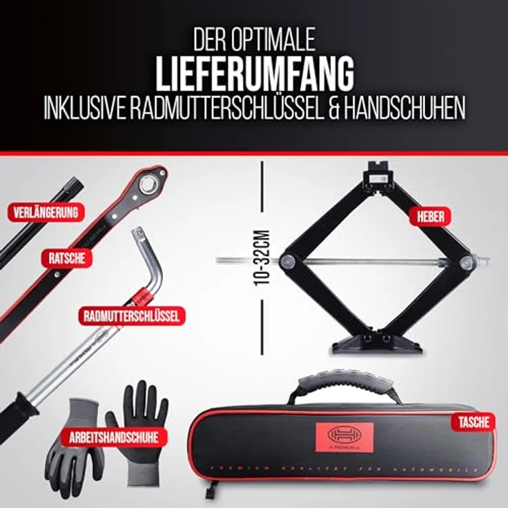 HEYNER® Ultra Lift XS PRO, Scherenwagenheber Set mit drehbarem Sattel, Radmutternschlüssel und Montagehandschuhen, 0,8 t Traglast, Schwarz – Bild 5