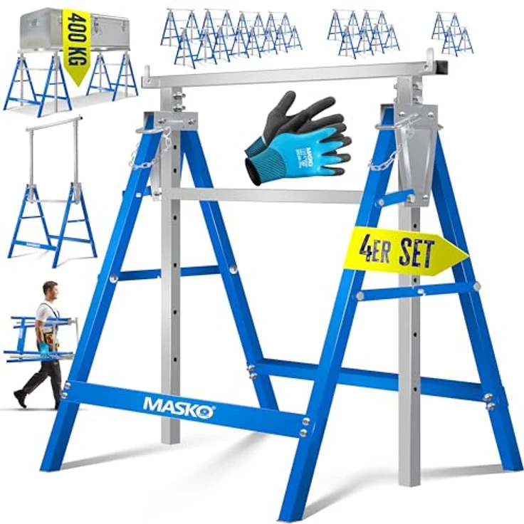 MASKO® Teleskop-Arbeitsbock, klappbar, max. Belastbarkeit 200 kg, höhenverstellbar 800-1300 mm, inkl. rutschfester Arbeitshandschuhe, blau – Bild 2