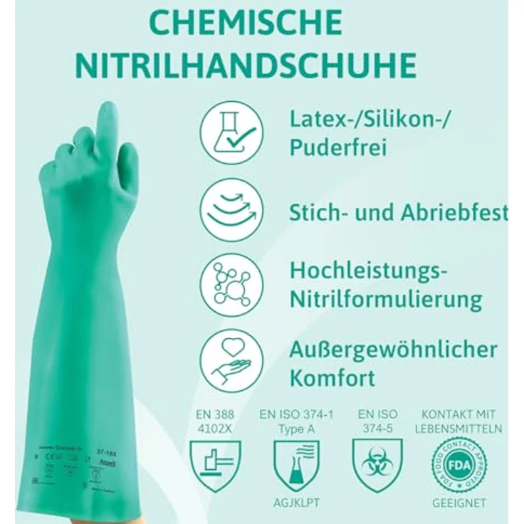 Ansell Solvex 37-185 Nitril Handschuhe, Chemikalien- und Flüssigkeitsschutz, Grün, Größe 11 (1 Paar pro Beutel) – Bild 3