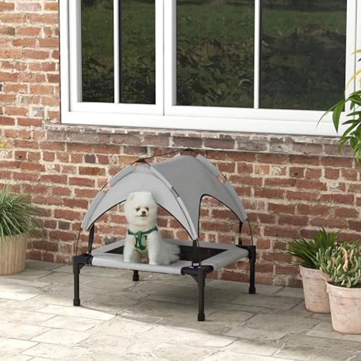 PawHut Erhöhtes Hundebett mit Baldachin, atmungsaktive Outdoor Hundeliege für kleine und mittelgroße Hunde, hellgrau, 76 x 61 x 69,5 cm – Bild 2