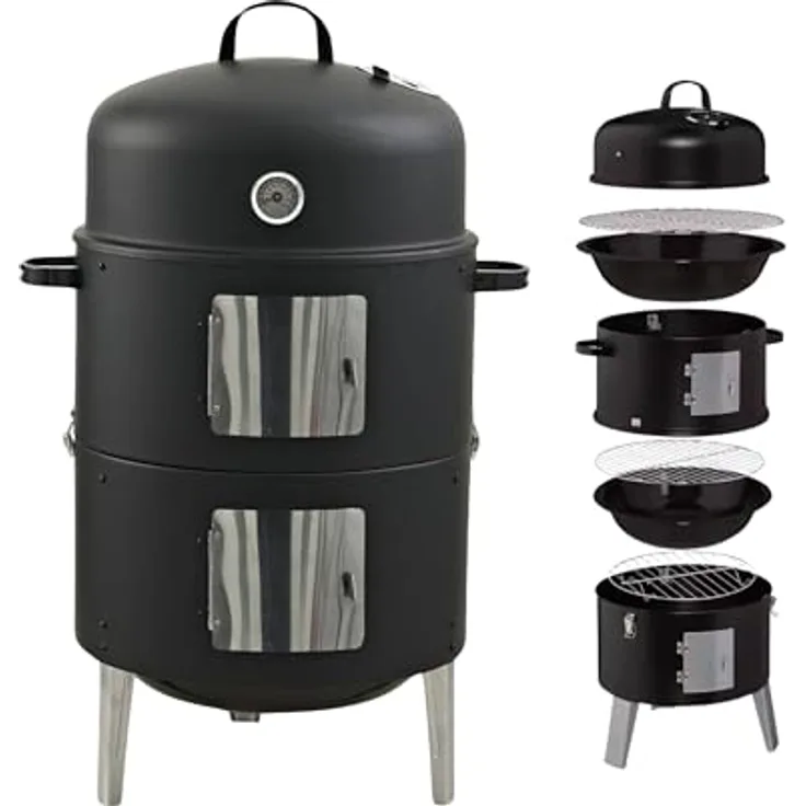 GLÜHZONE RS 400, 3in1 Holzkohlegrill mit Deckel zum Räuchern, Grillen und Garen, inkl. Wasserschale, 2 Grillroste, Räucherhaken, Temperaturanzeige, robust und langlebig für Garten & Camping
