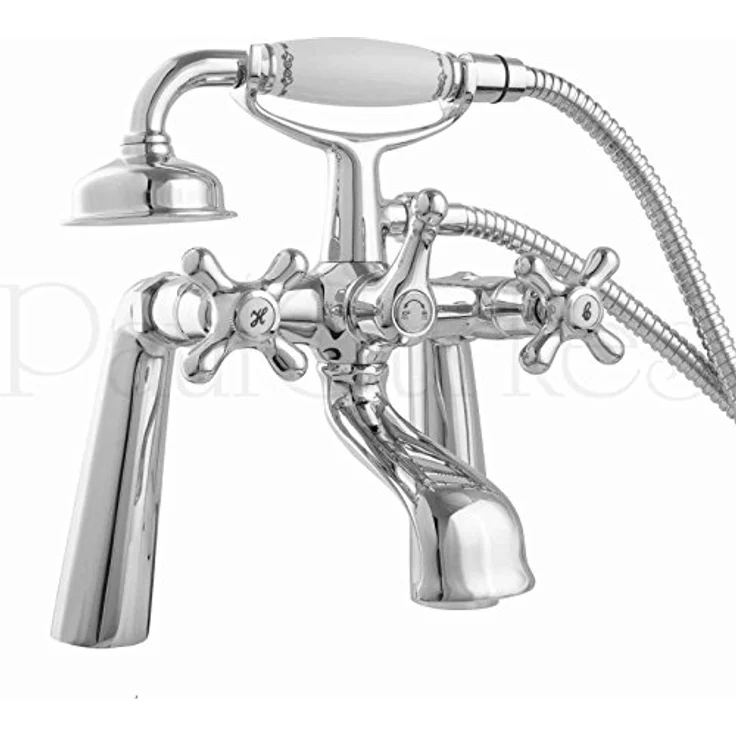 PaulGurkes Nostalgie Wannenarmatur, Retro Standarmatur aus massivem Messing mit Keramikgriff, verchromt, inkl. 150 cm Brauseschlauch – Bild 5