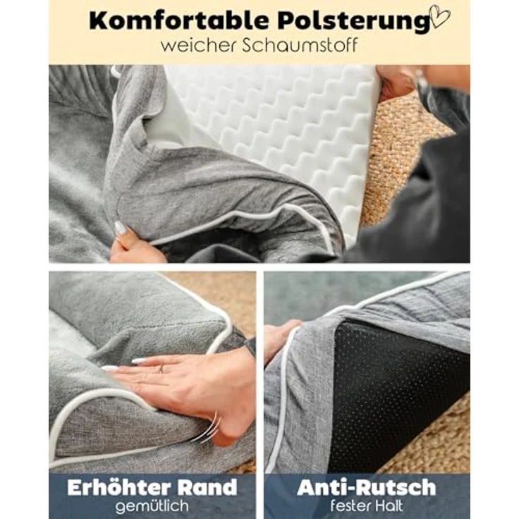 lionto orthopädisches Hundebett mit erhöhtem Rand, 122x89x20 cm, robustes Hundekissen aus weichem Flanell, abnehmbarer & waschbarer Bezug, rutschfest, grau, für kleine & große Hunde + Katzen – Bild 3