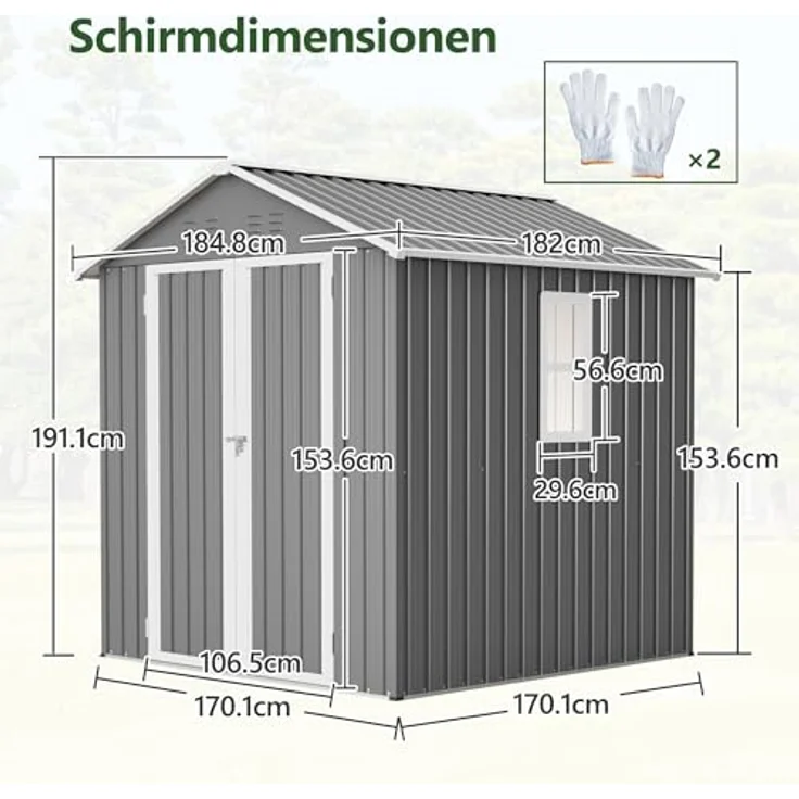 Thanaddo Metall Gerätehaus Gartenhaus 185x182x191cm, Grau, mit Fenster & Satteldach, wetterfest inkl. Metallfundament - Geräteschuppen für Outdoor Garten Terrasse – Bild 4
