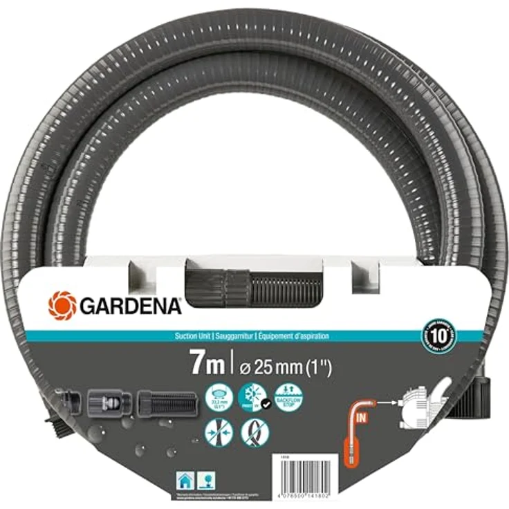 Gardena Sauggarnitur 7 m: Robuster Saugschlauch zum Anschluss an die Gartenpumpe, mit Saugfilter und Rückflussstop, Durchmesser 25 mm (1418-20) – Bild 2