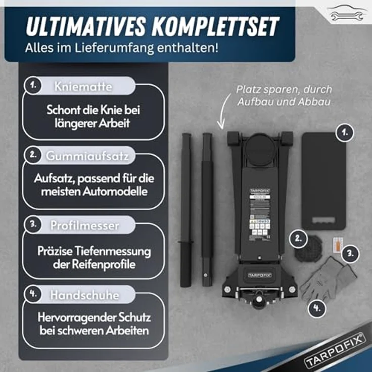 Tarpofix Hydraulischer Wagenheber 3T, flach für Auto & SUV, Hubhöhe 85 - 475 mm, inkl. Gummiauflage & Handschuhe – Bild 5