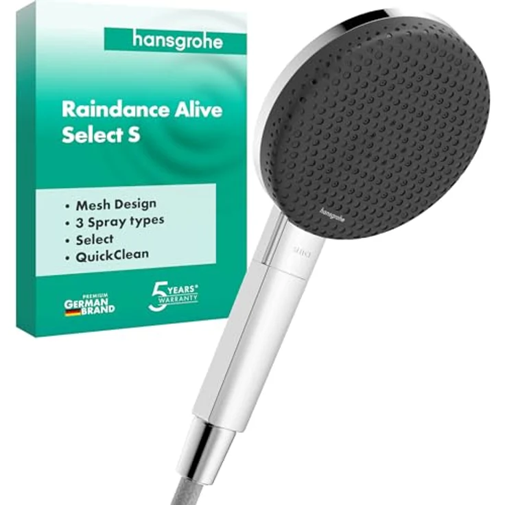 hansgrohe Raindance Alive Select S Handbrause 125 mm, 3 Strahlarten (RainAir, PowderRain, massierender Strahl), Graphit, QuickClean-Technologie, 14 l/min – Bild 1