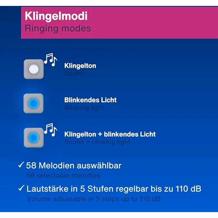 REV Türgong Set Orchestra mit Nachtlicht, 150m Reichweite, 4-Stufen Lautstärke bis 110dB, 58 Melodien, Lichtsignal, batteriebetrieben, grau – Bild 3