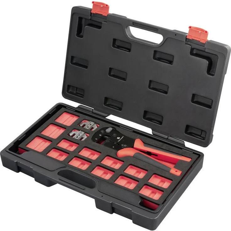TOOLCRAFT Crimpzange TOOLCRAFT TO-9660081 Crimpzangen-Set Inkl. Crimpsortiment mit Koff, Leistungsstarkes Handcrimpwerkzeug mit 2 auswechselbaren Crimpbacken – Bild 1