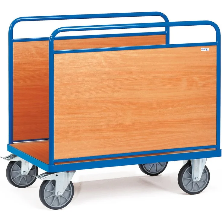 FETRA Transportwagen Ballenwagen 2543, Stahlrohrwagen pulverbeschichtet in brillantblau RAL 5007 mit Holzwerkstoffplattform und 2 Wänden, 620/750 mm Wandhöhe, 2 Lenk- und 2 Bockrollen mit TPE-Bereifung