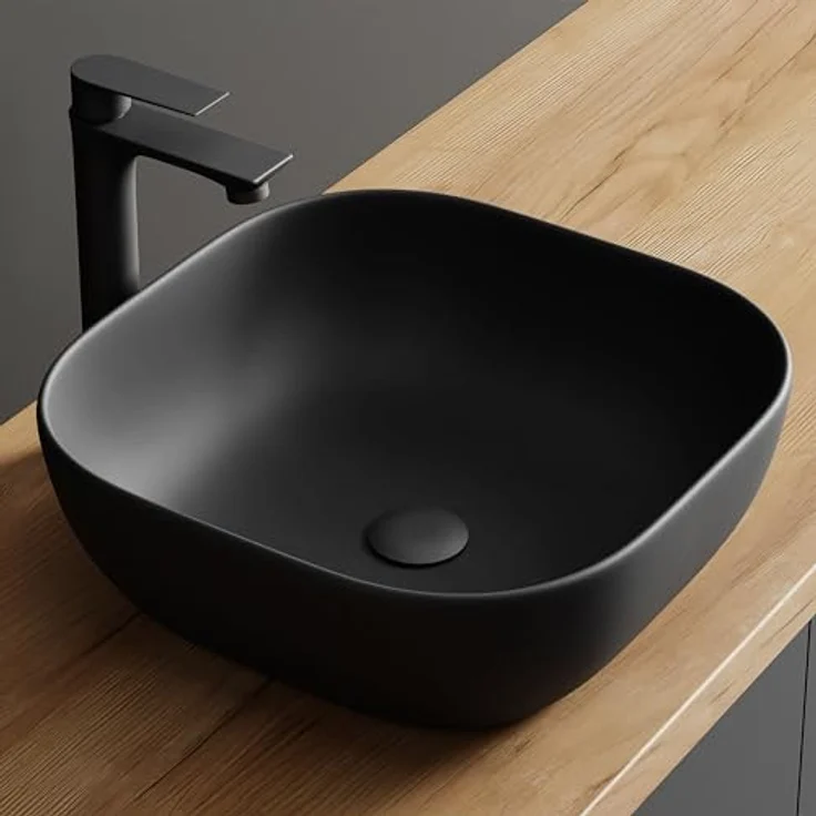 Planetmöbel Aufsatzwaschbecken Aquil, Keramik Waschbecken 42 cm, quadratisch, schwarz, ohne Hahnloch und Überlauf – Bild 1