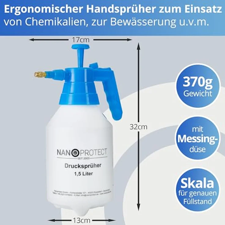 Nanoprotect Handsprüher 1,5 Liter | Drucksprüher mit Verstellbarer Messingdüse, Pumpsprüher | Gartenspritze, ergonomischer Griff | blau – Bild 2