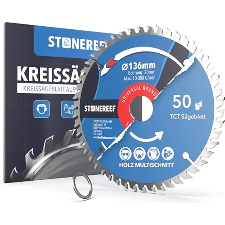 STONE REEF Kreissägeblatt 136 x 20 mm, 50 Zähne, Hartmetall für Holz & Kunststoff, inkl. Adapterring 16 mm, passend für Handkreissägen, Akku-Kreissägen & Tischkreissägen – Bild 1