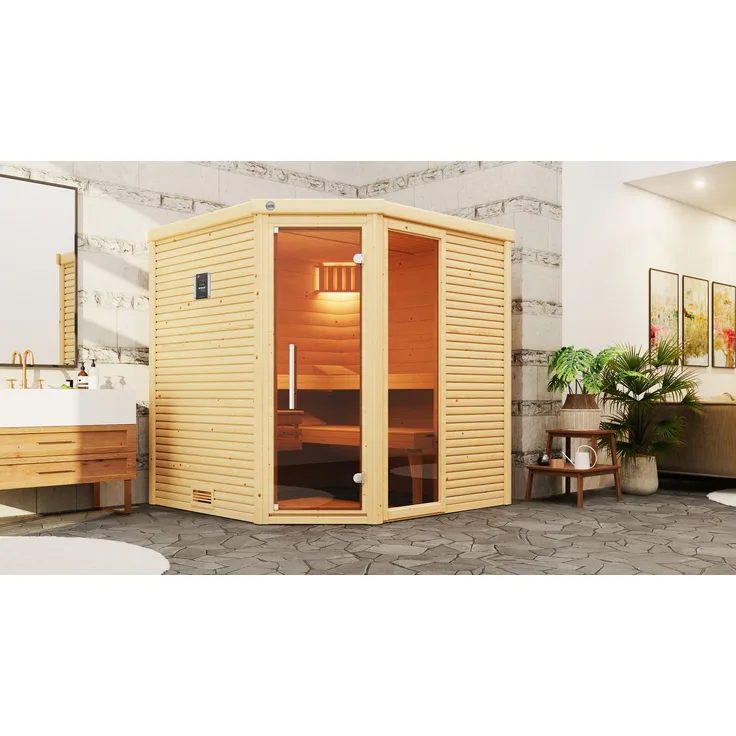 Weka Sauna Design-Sauna CUBILIS 2, 198 x 198 x 205 cm, 45 mm, Blockbohlen im wekaLine-Profil, Graphit-Optik, Ganzglastür