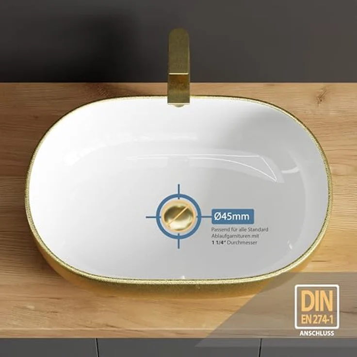 Planetmöbel Aufsatzwaschbecken Aquil Deluxe, ovales Keramikwaschbecken, 60 cm, gold, für Waschtisch ohne Hahnloch und Überlauf – Bild 3