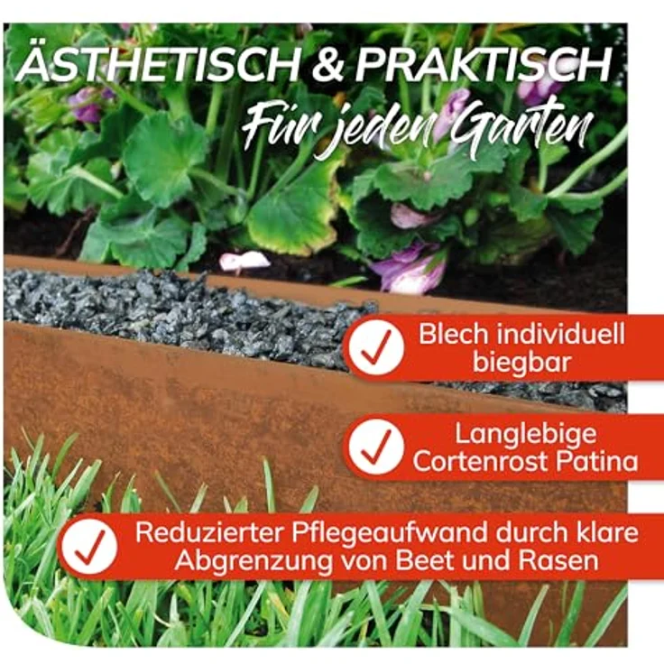 bellissa Rasenkante Metall Corten-Stahl 118x20cm, wetterfest, 5,75m Nutzlänge, stabile Beetabgrenzung mit patentierter Verbindungstechnik – Bild 4
