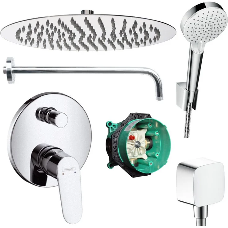 Hansgrohe und Jowi Duscharmatur Focus Unterputz Duschsystem, Regendusche mit runder Kopfbrause 300mm aus poliertem Edelstahl, schwenkbarer Brausearm