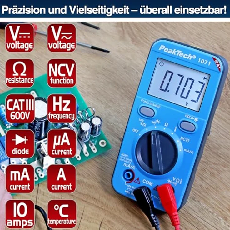 PeakTech P1071 – Digital Multimeter 10A AC/DC mit Auto-Range, 2.000 Counts LCD-Display, CAT III 600V, robustes Messgerät mit NCV-Modus und LED-Beleuchtung – Bild 3