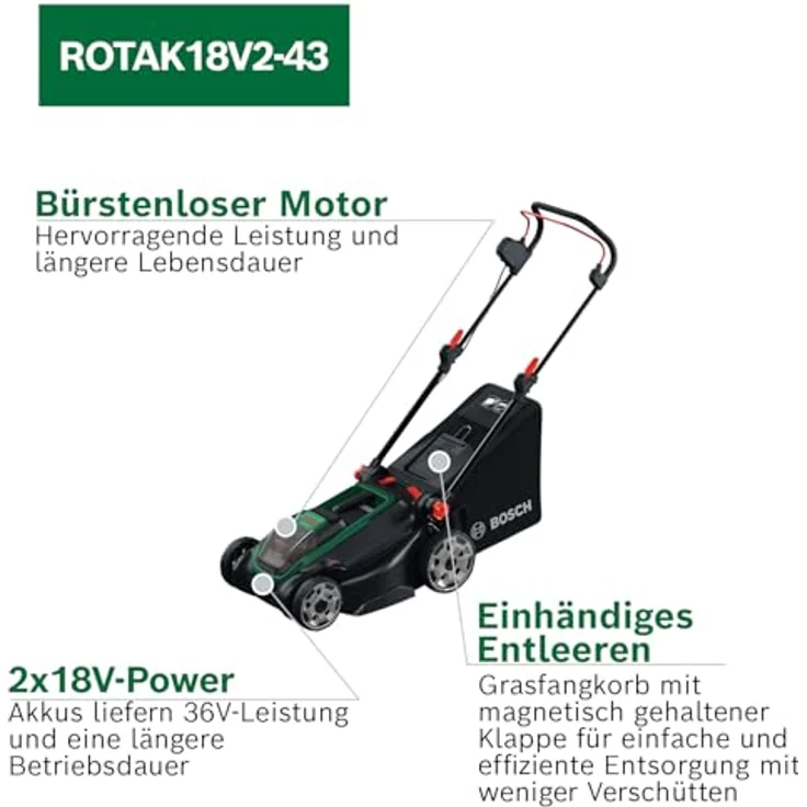 Bosch Akku-Rasenmäher Rotak18V2-43 Solo, 43 cm Schnittbreite, 3-in-1 Funktion, ohne Akku und Ladegerät – Bild 3