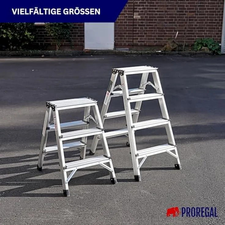 PROREGAL® Stehleiter APOLLO, beidseitig begehbar, Traglast 150kg, Aluminium, Größe 2x3 – Bild 7
