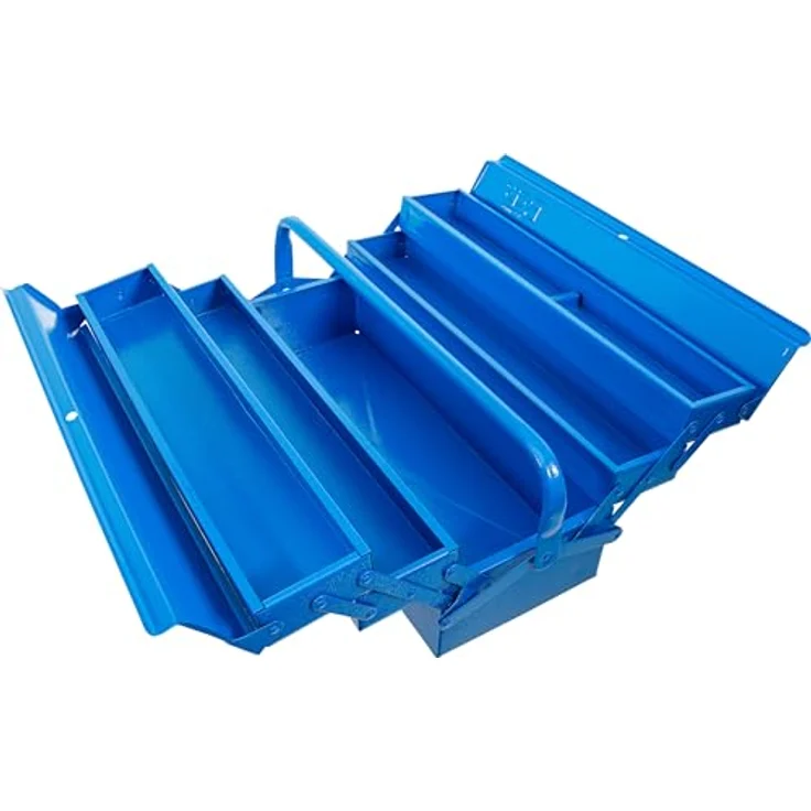 BGS TECHNIC Metall-Werkzeugkasten leer, 5 Fächer, 530 x 200 x 200 mm, hammerschlagblau, Stahlblech mit automatischer Schließfunktion und klappbarem Tragebügel – Bild 2