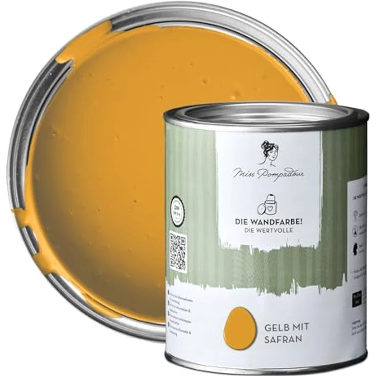 MissPompadour Wandfarbe Gelb mit Safran, matte Innenfarbe mit sehr hoher Deckkraft, 1 L, geruchsneutral und wasserbasiert – Bild 1