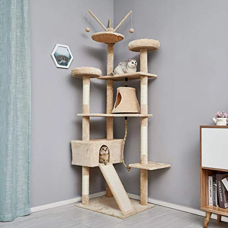 Meerveil Kratzbaum für Große Katzen XXL, 210 cm Stabiler Kratzbaum, mit Verbreiterter und Verdickter Bodenplatte, Hochwertiger Sisal und 2 Häuschen, Beige – Bild 2