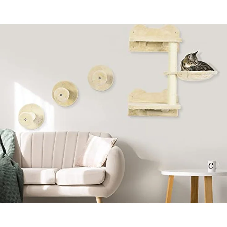PawHut Katzen Kletterwand, 4-teilig, Katzenkletterwand, inkl. 1 x Sprungturm, 3 x Kratzbäume, Kletterwand Set, Kratzbaum mit Hängematte, Wandliege Katzen, Katzentreppe, Sisal, Beige+Cremeweiß – Bild 2
