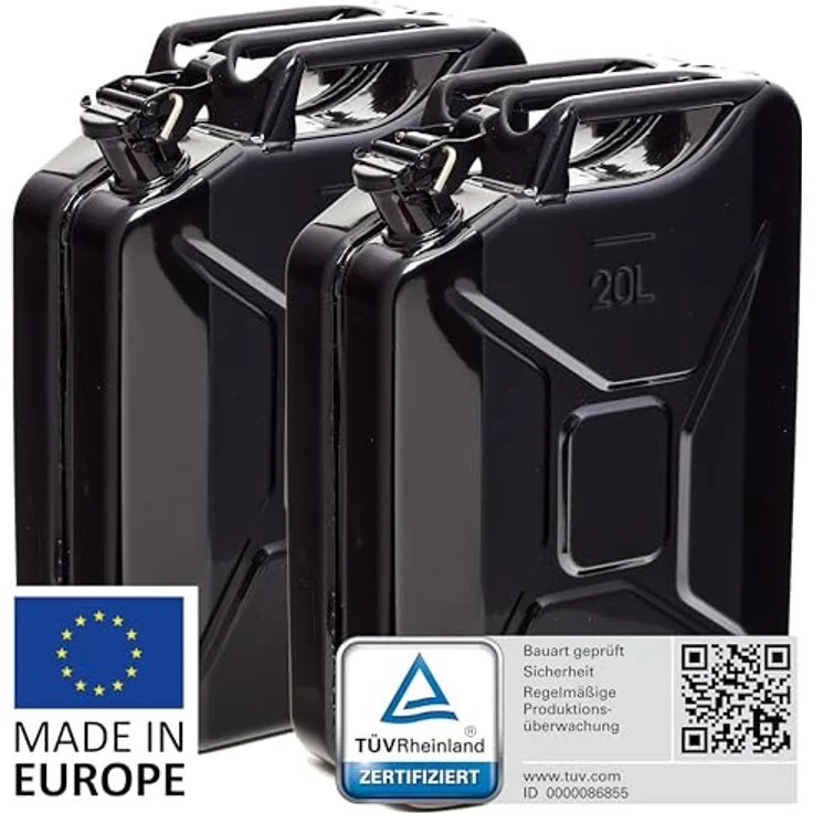BW® Benzinkanister Metall 2x 20 Liter, schwarz RAL 9005, TÜV-geprüft, UN-zugelassen, 0,9mm Stahl für Benzin, Diesel, E10, 2-Takt, Made in Europe – Bild 2