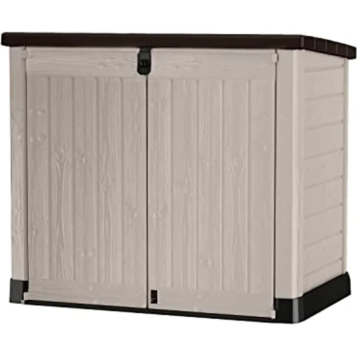 Keter Store it Out Pro Mülltonnenbox mit Gasdruckfeder, wetterfest, abschließbar, beige, 1.200 L, 145,5 x 82 x 123cm, passend für 2x240l Abfalltonnen