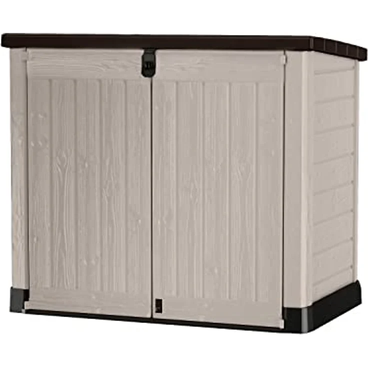 Keter Store it Out Pro Mülltonnenbox mit Gasdruckfeder, wetterfest, abschließbar, beige, 1.200 L, 145,5 x 82 x 123cm, passend für 2x240l Abfalltonnen – Bild 1