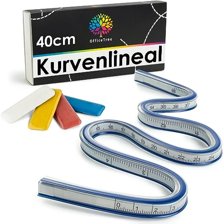 OfficeTree Flexibles Kurvenlineal 40 cm - 16 Zoll - Kurvenlineal Schneiderbedarf - Kurvenlineal Flexibel Nähen & Zeichnen mit perfektem Werkzeug - Flexibles Lineal inkl. 4x Kreide