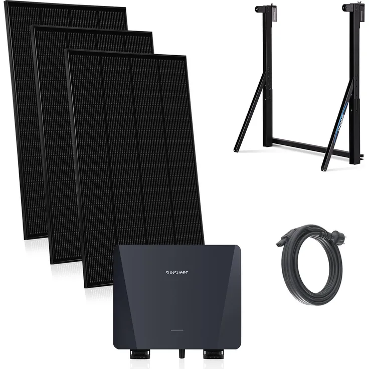 SUNSHARE Ray 600 W Balkonkraftwerk, Komplettset mit 3 x 200 W Modulen, 800 W Inverter und bohrfreier Universalhalterung, schwarz